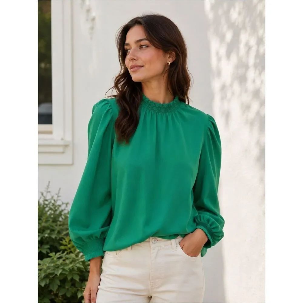 Anthropologie MELLODAY Green Women's Blouse with Ruffle Neck